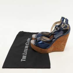 Jimmy Choo Navy Blue Patent Pela Cork Wedge Platform Ankle Strap Sandals Size 37