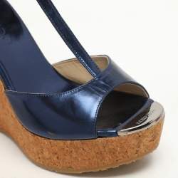 Jimmy Choo Navy Blue Patent Pela Cork Wedge Platform Ankle Strap Sandals Size 37