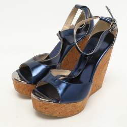 Jimmy Choo Navy Blue Patent Pela Cork Wedge Platform Ankle Strap Sandals Size 37