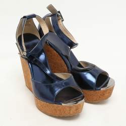 Jimmy Choo Navy Blue Patent Pela Cork Wedge Platform Ankle Strap Sandals Size 37