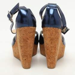 Jimmy Choo Navy Blue Patent Pela Cork Wedge Platform Ankle Strap Sandals Size 37