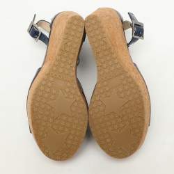 Jimmy Choo Navy Blue Patent Pela Cork Wedge Platform Ankle Strap Sandals Size 37