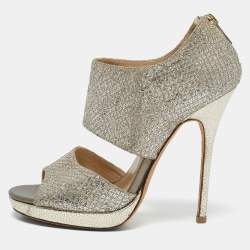 Jimmy Choo Metallic Silver Glitter Private Platform Sandals Size 37
