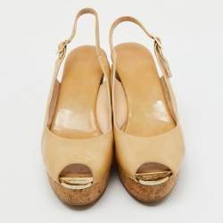 Jimmy Choo Beige Patent Leather Prova Cork Platform Wedge Pumps Size 41