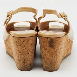 Jimmy Choo Beige Patent Leather Prova Cork Platform Wedge Pumps Size 41