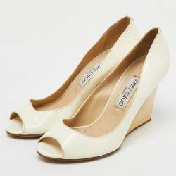 Jimmy Choo Off White Patent Leather Peep Toe Wedge Pumps Size 38.5