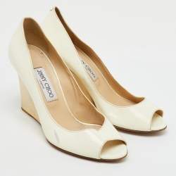Jimmy Choo Off White Patent Leather Peep Toe Wedge Pumps Size 38.5