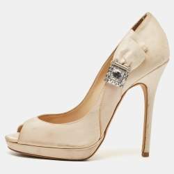 Jimmy Choo Beige Satin Crystal Embellished Platform Pumps Size 39