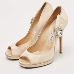 Jimmy Choo Beige Satin Crystal Embellished Platform Pumps Size 39