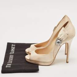 Jimmy Choo Beige Satin Crystal Embellished Platform Pumps Size 39