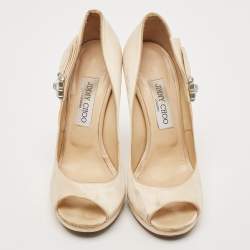Jimmy Choo Beige Satin Crystal Embellished Platform Pumps Size 39
