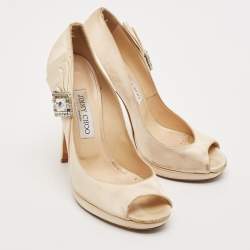 Jimmy Choo Beige Satin Crystal Embellished Platform Pumps Size 39