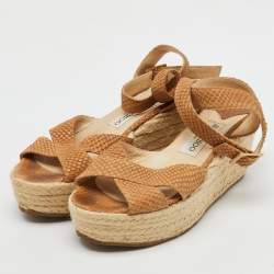 Jimmy Choo Brown Snakeskin Embossed Leather Platform Wedge Espadrille Sandals Size 36.5
