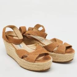 Jimmy Choo Brown Snakeskin Embossed Leather Platform Wedge Espadrille Sandals Size 36.5