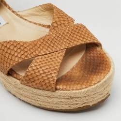 Jimmy Choo Brown Snakeskin Embossed Leather Platform Wedge Espadrille Sandals Size 36.5