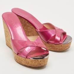 Jimmy Choo Purple Patent Leather Prima Cork Wedge Slides Size 35.5