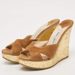 Jimmy Choo Brown Suede  Criss Cross Cork Wedge Slide Sandals Size 36.5