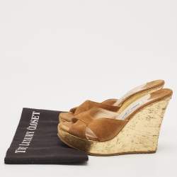 Jimmy Choo Brown Suede  Criss Cross Cork Wedge Slide Sandals Size 36.5