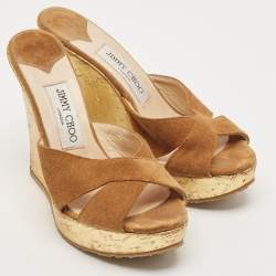Jimmy Choo Brown Suede  Criss Cross Cork Wedge Slide Sandals Size 36.5