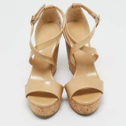 Jimmy Choo Beige Patent Leather Portia Wedge Sandals Size 40.5