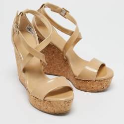 Jimmy Choo Beige Patent Leather Portia Wedge Sandals Size 40.5
