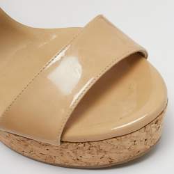 Jimmy Choo Beige Patent Leather Portia Wedge Sandals Size 40.5