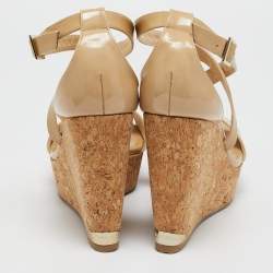 Jimmy Choo Beige Patent Leather Portia Wedge Sandals Size 40.5