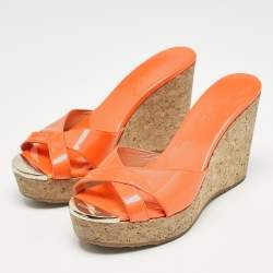 Jimmy Choo Orange Patent Leather Cork Wedge Platform Sandals Size 36