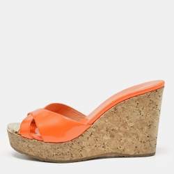 Jimmy Choo Orange Patent Leather Cork Wedge Platform Sandals Size 36