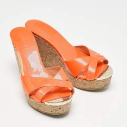Jimmy Choo Orange Patent Leather Cork Wedge Platform Sandals Size 36