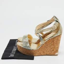 Jimmy Choo Multicolor Python Embossed Leather Lucia Cross Strap Cork Wedge Sandals Size 40