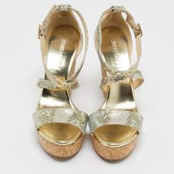 Jimmy Choo Multicolor Python Embossed Leather Lucia Cross Strap Cork Wedge Sandals Size 40