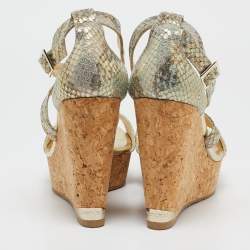 Jimmy Choo Multicolor Python Embossed Leather Lucia Cross Strap Cork Wedge Sandals Size 40