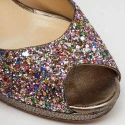 Pre Owned Jimmy Choo Metallic Multicolor Coarse Glitter Crown Peep Toe Platform Pumps Size 40