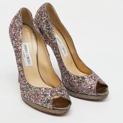 Pre Owned Jimmy Choo Metallic Multicolor Coarse Glitter Crown Peep Toe Platform Pumps Size 40