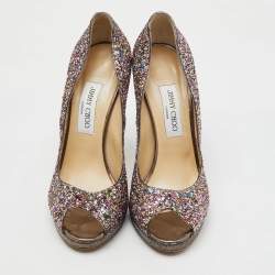 Pre Owned Jimmy Choo Metallic Multicolor Coarse Glitter Crown Peep Toe Platform Pumps Size 40