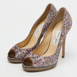 Pre Owned Jimmy Choo Metallic Multicolor Coarse Glitter Crown Peep Toe Platform Pumps Size 40