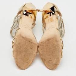 Jimmy Choo Metallic Gold Laminated Leather and Glitter Strappy Sandals Size 40