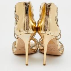 Jimmy Choo Metallic Gold Laminated Leather and Glitter Strappy Sandals Size 40