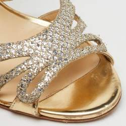 Jimmy Choo Metallic Gold Laminated Leather and Glitter Strappy Sandals Size 40