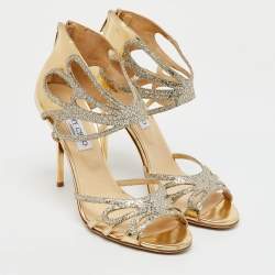 Jimmy Choo Metallic Gold Laminated Leather and Glitter Strappy Sandals Size 40