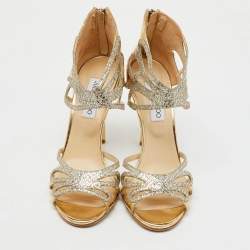 Jimmy Choo Metallic Gold Laminated Leather and Glitter Strappy Sandals Size 40