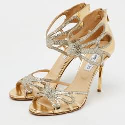 Jimmy Choo Metallic Gold Laminated Leather and Glitter Strappy Sandals Size 40