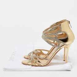 Jimmy Choo Metallic Gold Laminated Leather and Glitter Strappy Sandals Size 40