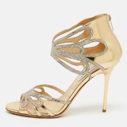 Jimmy Choo Metallic Gold Laminated Leather and Glitter Strappy Sandals Size 40