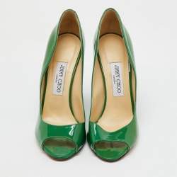 Jimmy Choo Green Patent Leather Peep Toe Wedge Pumps Size 40
