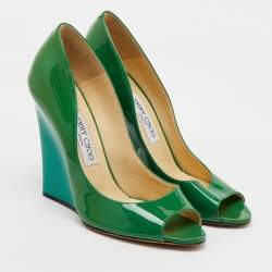 Jimmy Choo Green Patent Leather Peep Toe Wedge Pumps Size 40