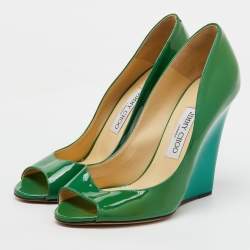 Jimmy Choo Green Patent Leather Peep Toe Wedge Pumps Size 40