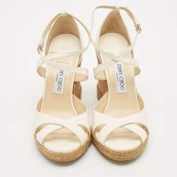 Jimmy Choo Off White Leather Alanah Cork Wedge Sandals Size 41