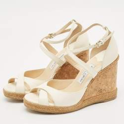 Jimmy Choo Off White Leather Alanah Cork Wedge Sandals Size 41